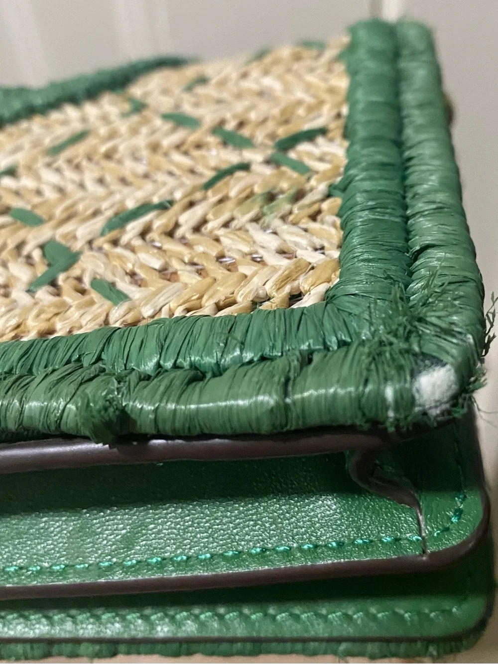 Tory Burch Straw Crossbody Bag with Green Trim and Gold Chain